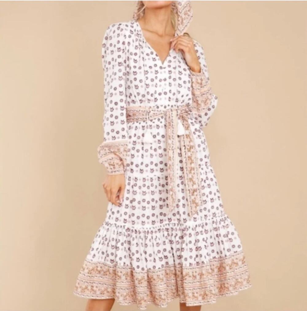 Anthropologie CLEOBELLA Blakely Cream Midi Dress Women's Medium Cotton Boho